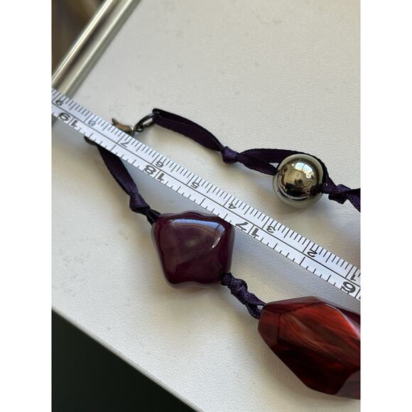 VTG Acrylic Purple Beaded Gunmetal Purple Ribbon Statement Necklace 38” - Picture 5 of 5